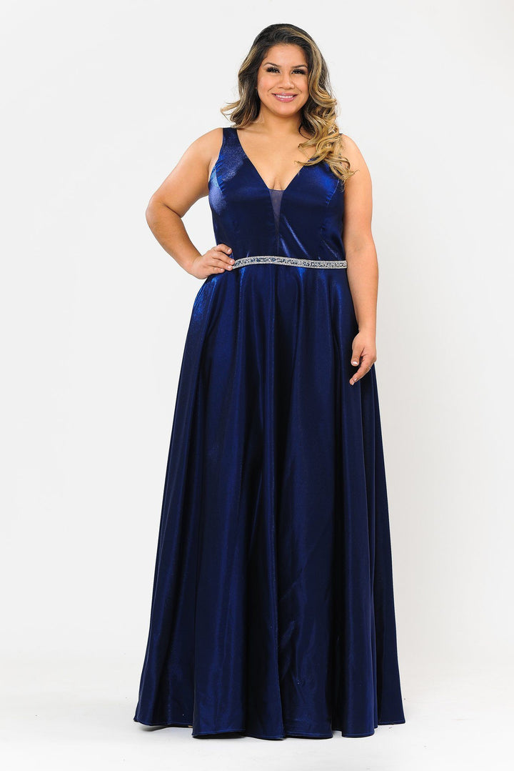 Plus Size Long Satin Deep V-Neck Dress by Poly USA W1062