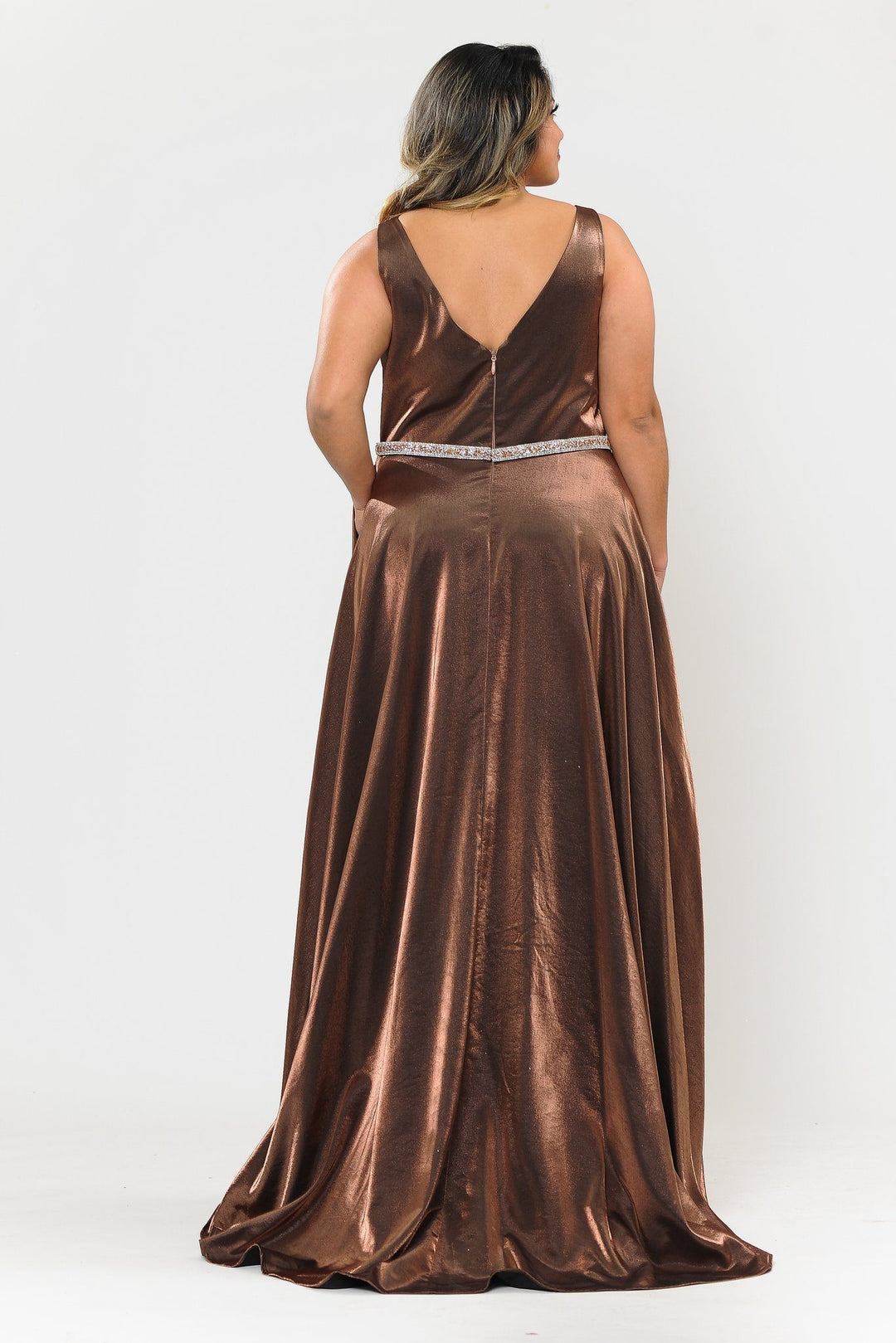 Plus Size Long Satin Deep V-Neck Dress by Poly USA W1062
