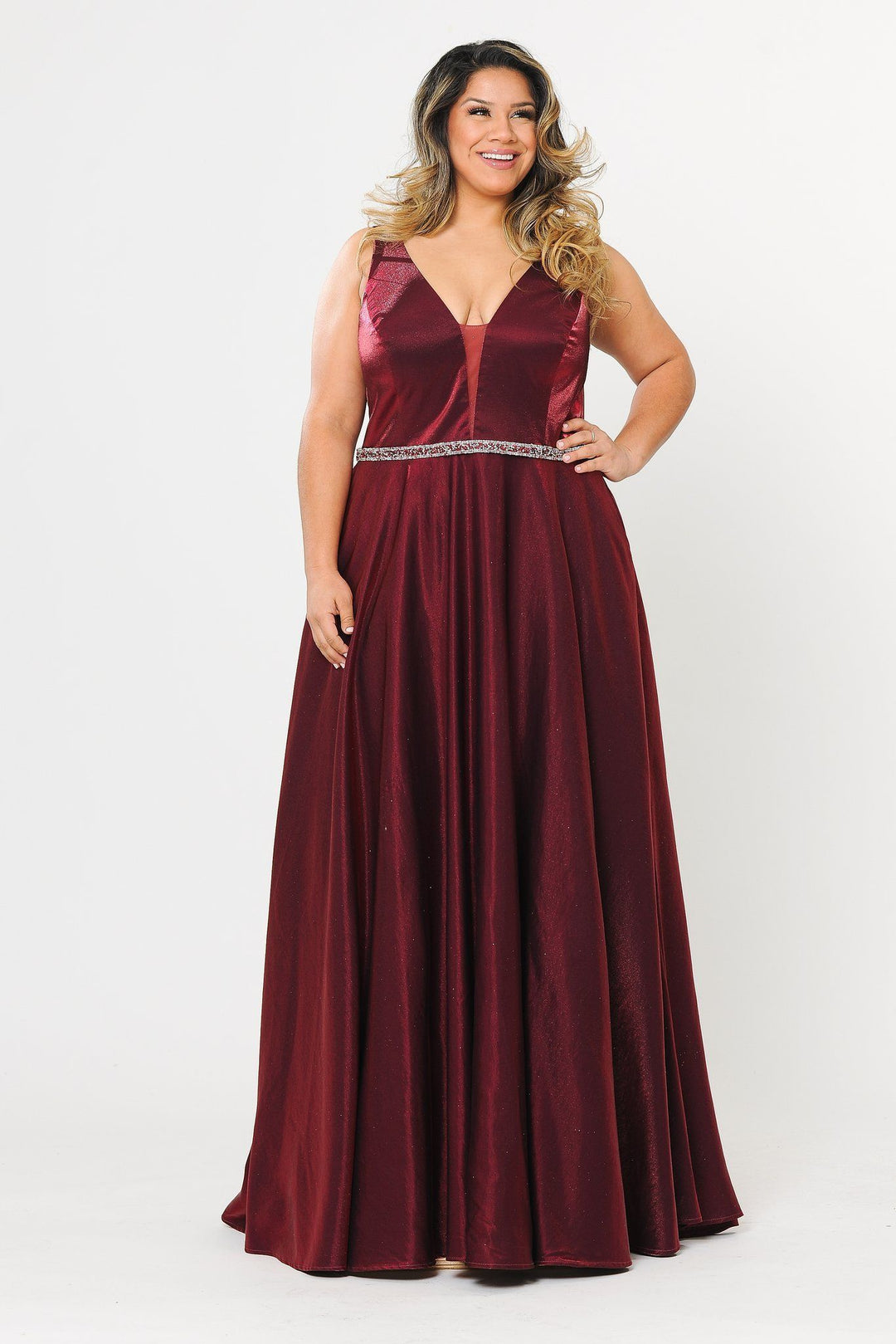 Plus Size Long Satin Deep V-Neck Dress by Poly USA W1062