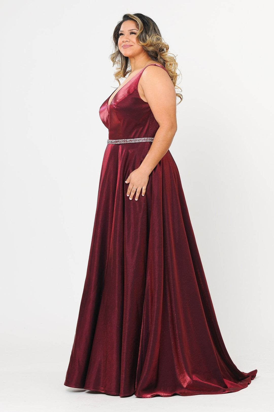 Plus Size Long Satin Deep V-Neck Dress by Poly USA W1062