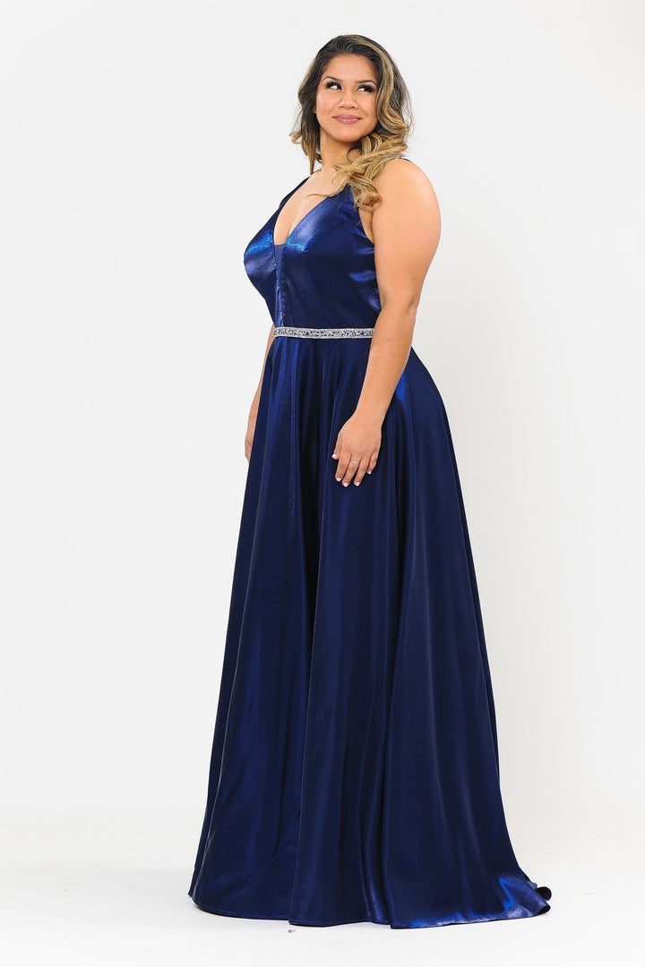 Plus Size Long Satin Deep V-Neck Dress by Poly USA W1062