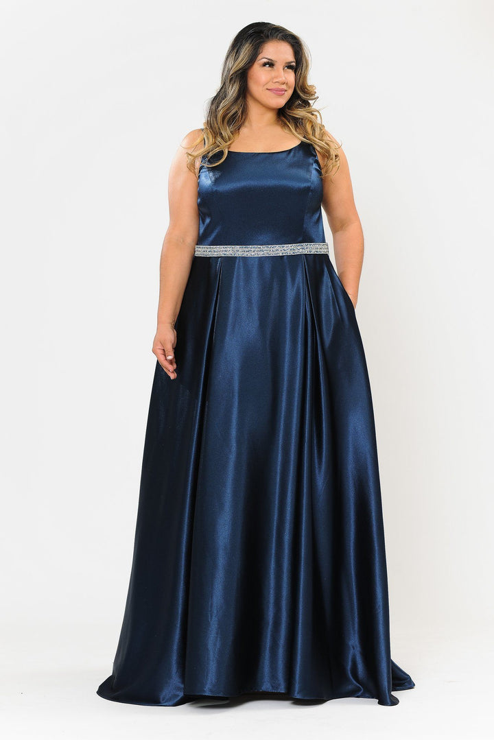 Plus Size Long Satin Dress with Beaded Waist by Poly USA W1010-Long Formal Dresses-ABC Fashion