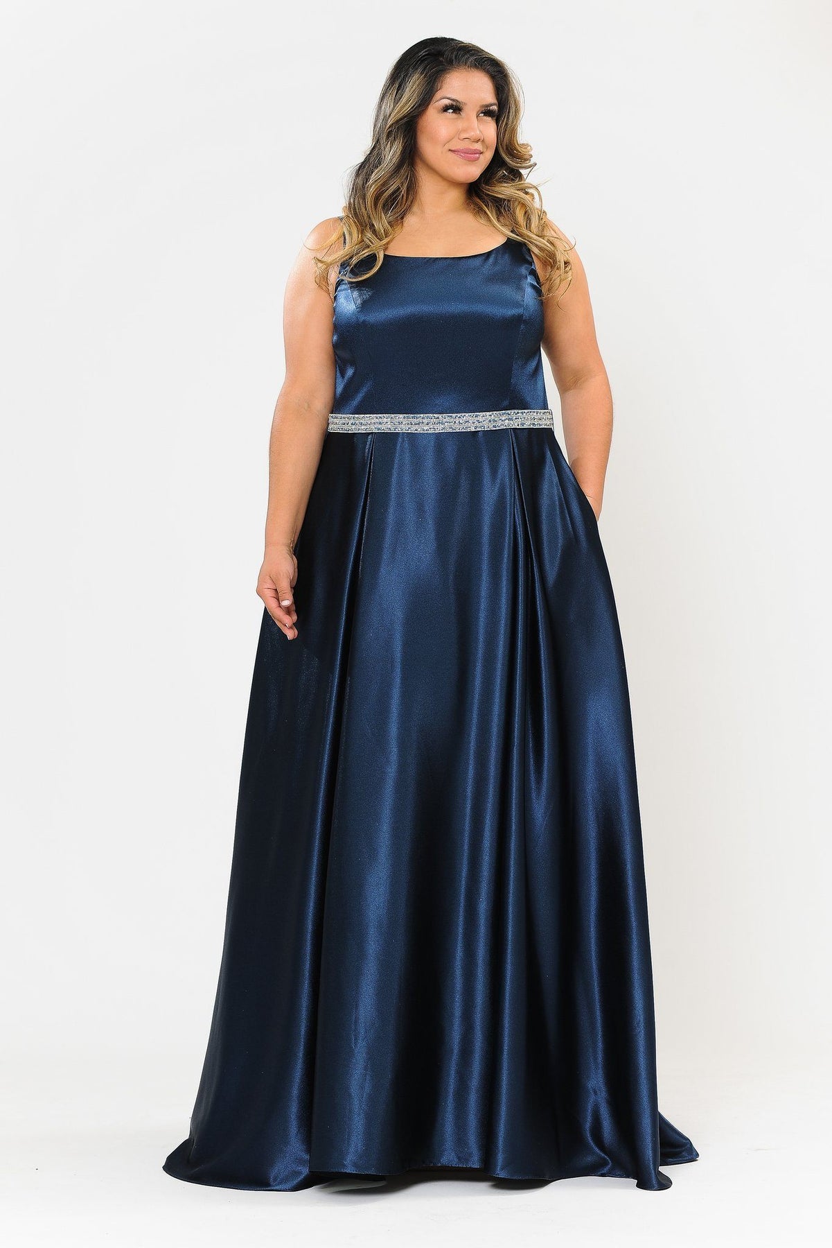 Plus Size Long Satin Dress with Beaded Waist by Poly USA W1010 – ABC