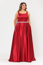 Plus Size Long Satin Dress with Beaded Waist by Poly USA W1010-Long Formal Dresses-ABC Fashion