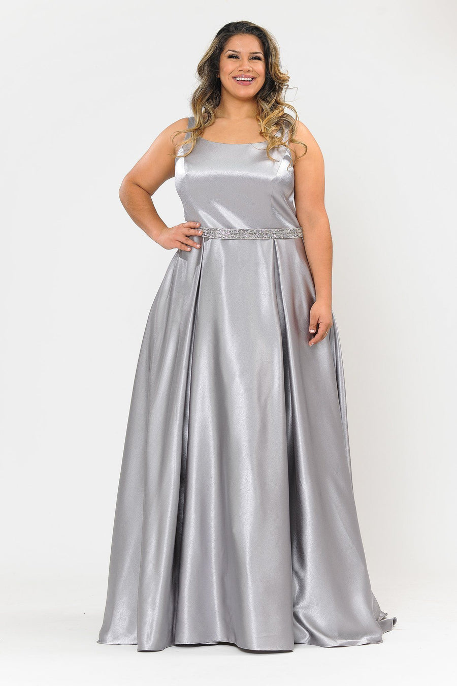 Plus Size Long Satin Dress with Beaded Waist by Poly USA W1010 – ABC