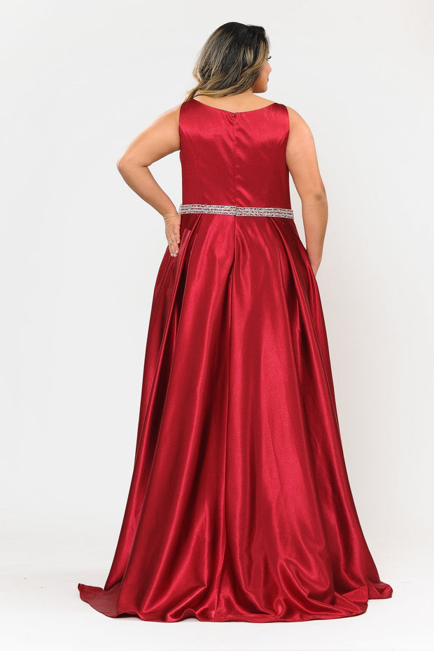 Plus Size Long Satin Dress with Beaded Waist by Poly USA W1010-Long Formal Dresses-ABC Fashion