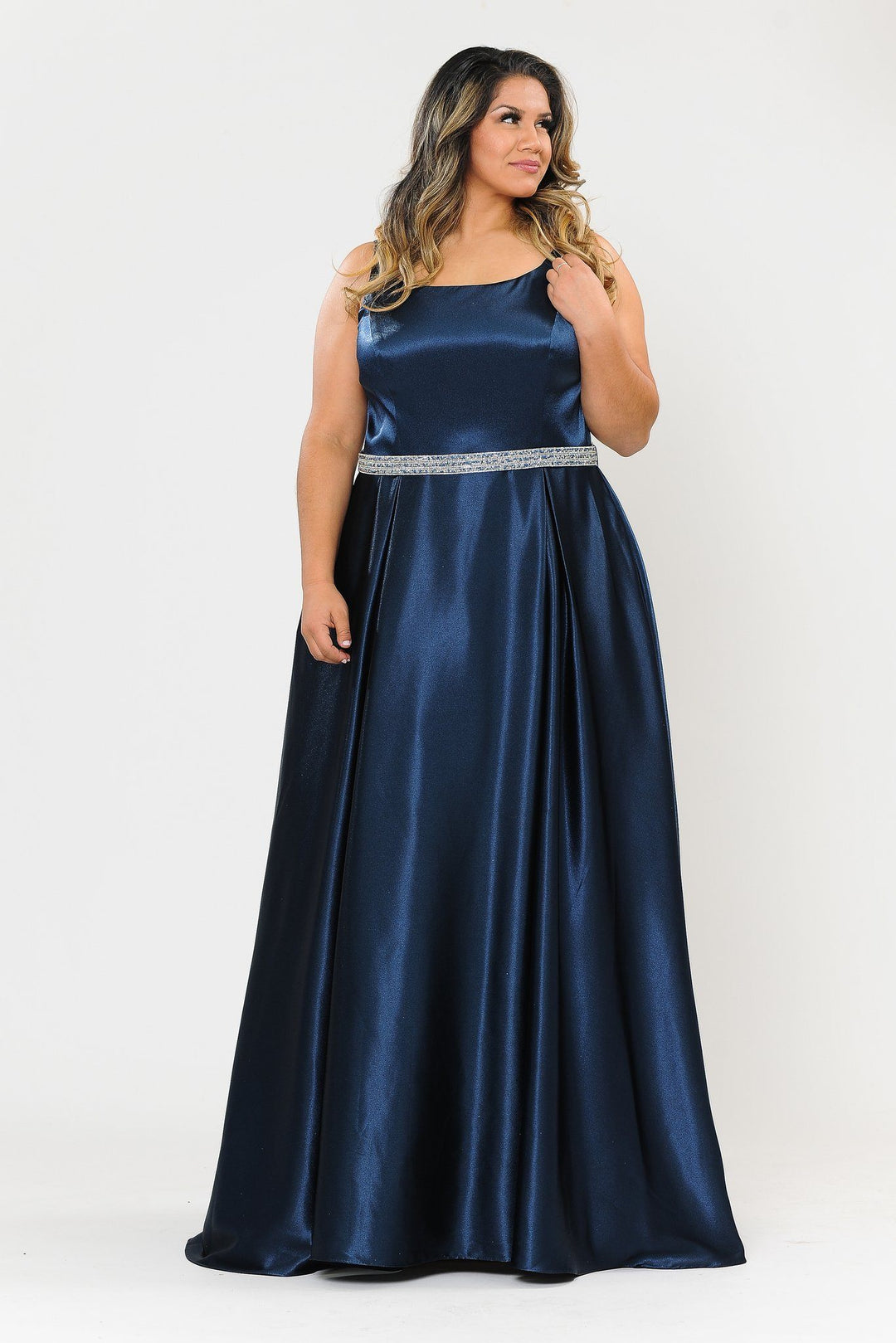 Plus Size Long Satin Dress with Beaded Waist by Poly USA W1010-Long Formal Dresses-ABC Fashion