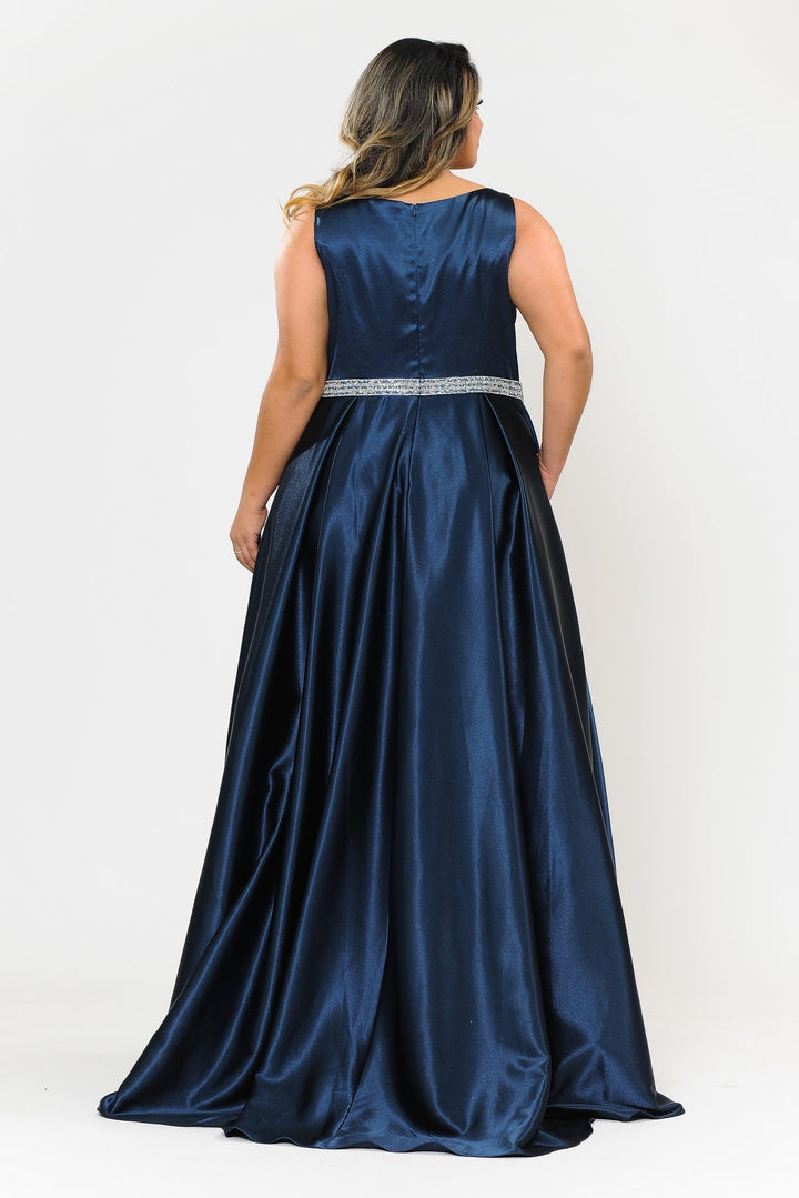 Plus Size Long Satin Dress with Beaded Waist by Poly USA W1010-Long Formal Dresses-ABC Fashion