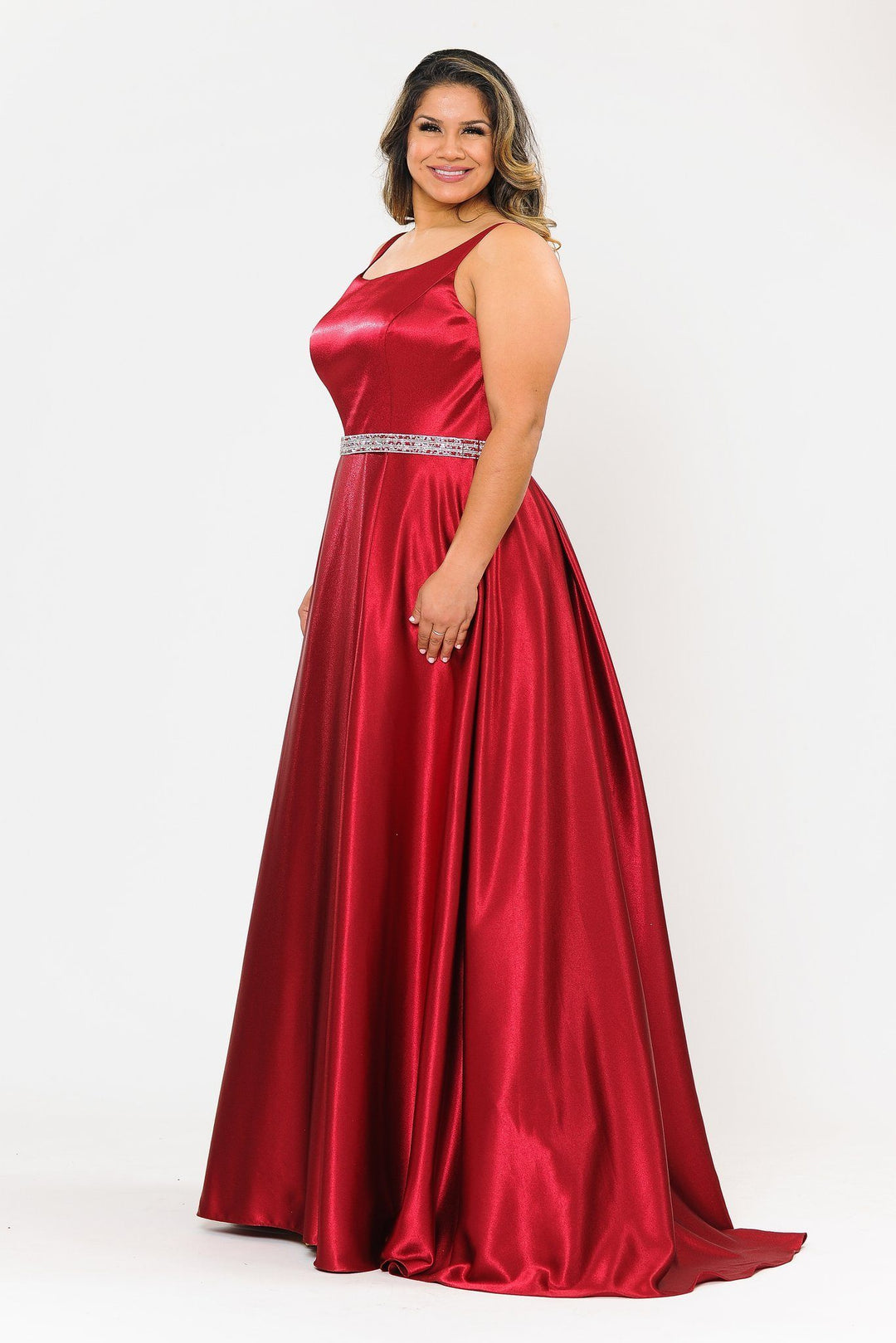 Plus Size Long Satin Dress with Beaded Waist by Poly USA W1010-Long Formal Dresses-ABC Fashion