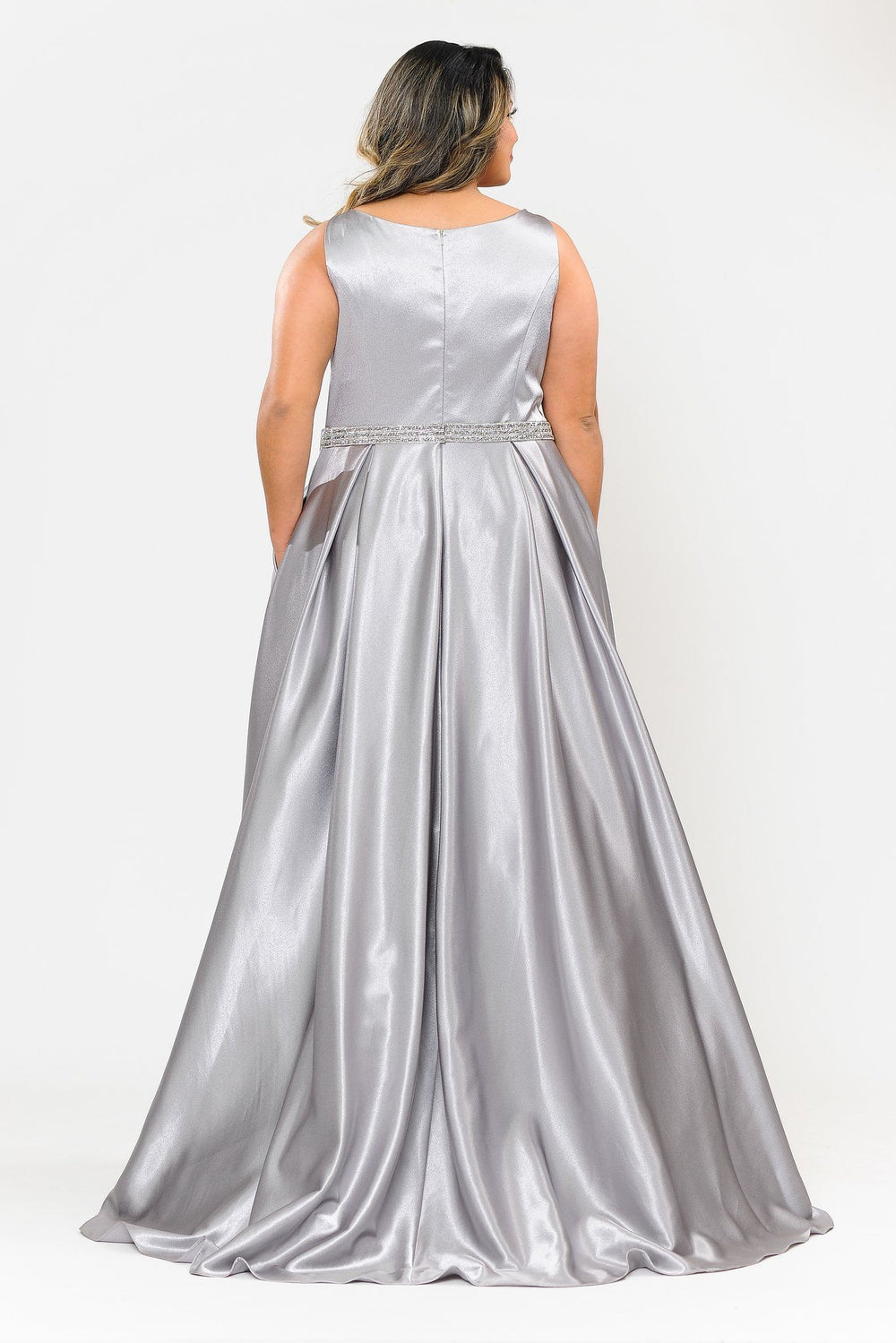 Plus Size Long Satin Dress with Beaded Waist by Poly USA W1010-Long Formal Dresses-ABC Fashion