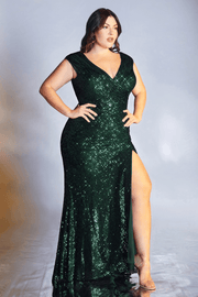 Plus Size Long Sequin Cap Sleeve Dress by Cinderella Divine CH198C