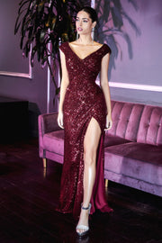 Plus Size Long Sequin Cap Sleeve Dress by Cinderella Divine CH198C