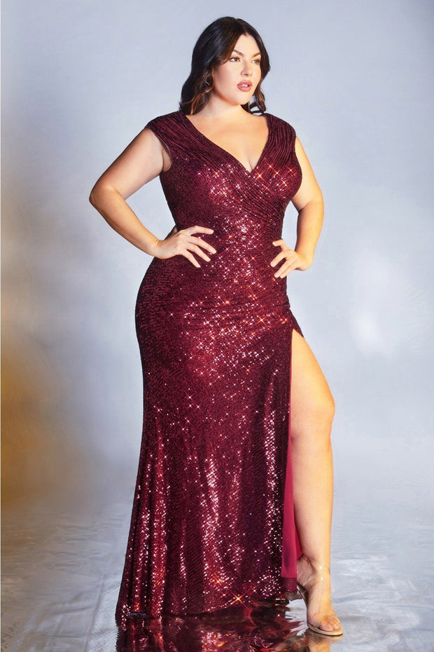 Plus Size Long Sequin Cap Sleeve Dress by Cinderella Divine CH198C