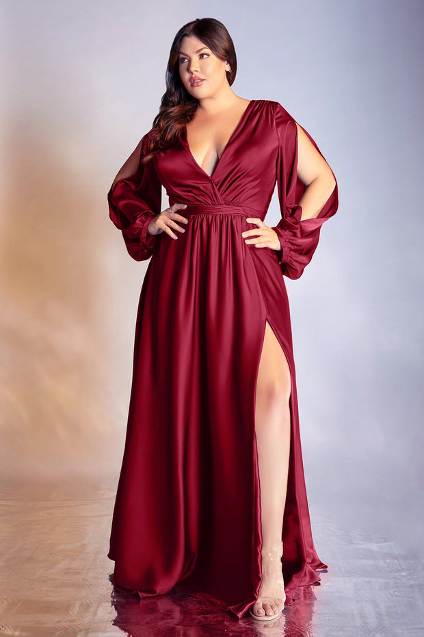 Plus Size Long Sleeve Satin Gown by Cinderella Divine 7475C