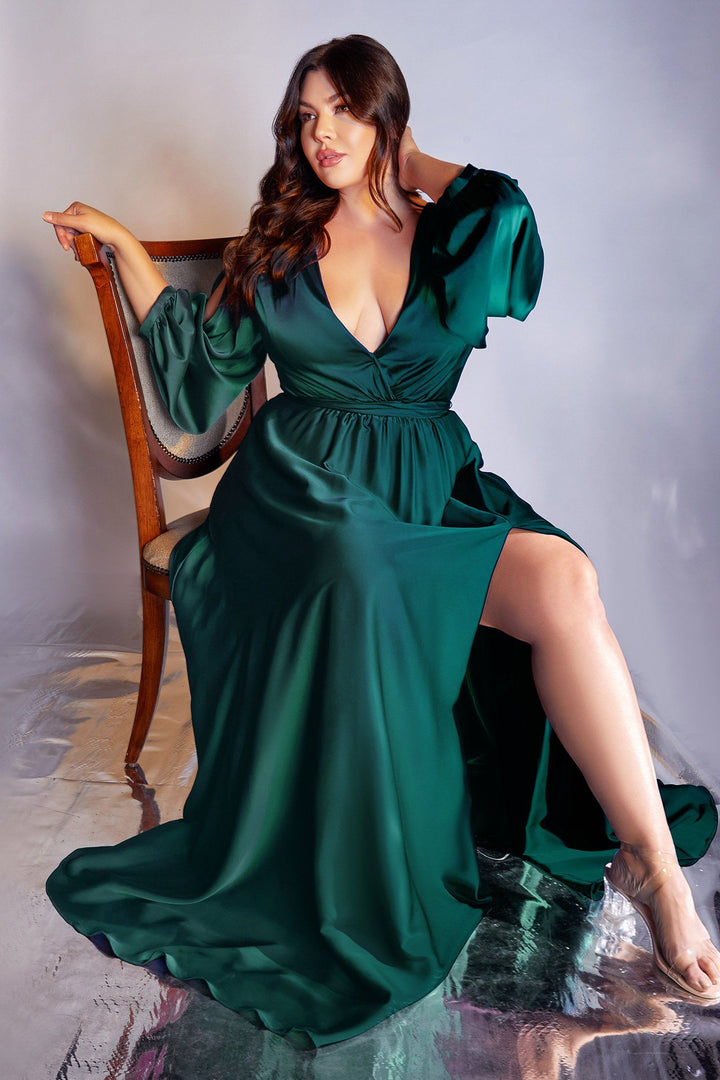 Plus Size Long Sleeve Satin Gown by Cinderella Divine 7475C