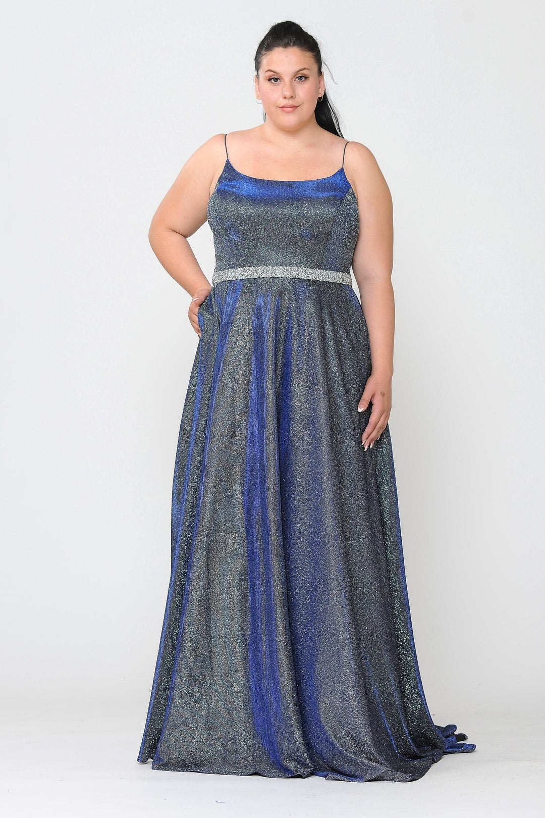 Plus Size Long Square Neck Glitter Dress by Poly USA W1038