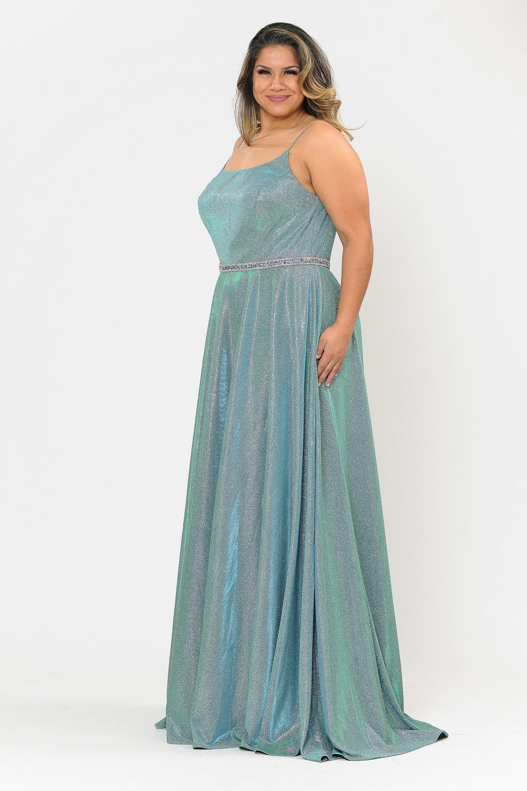 Plus Size Long Square Neck Glitter Dress by Poly USA W1038