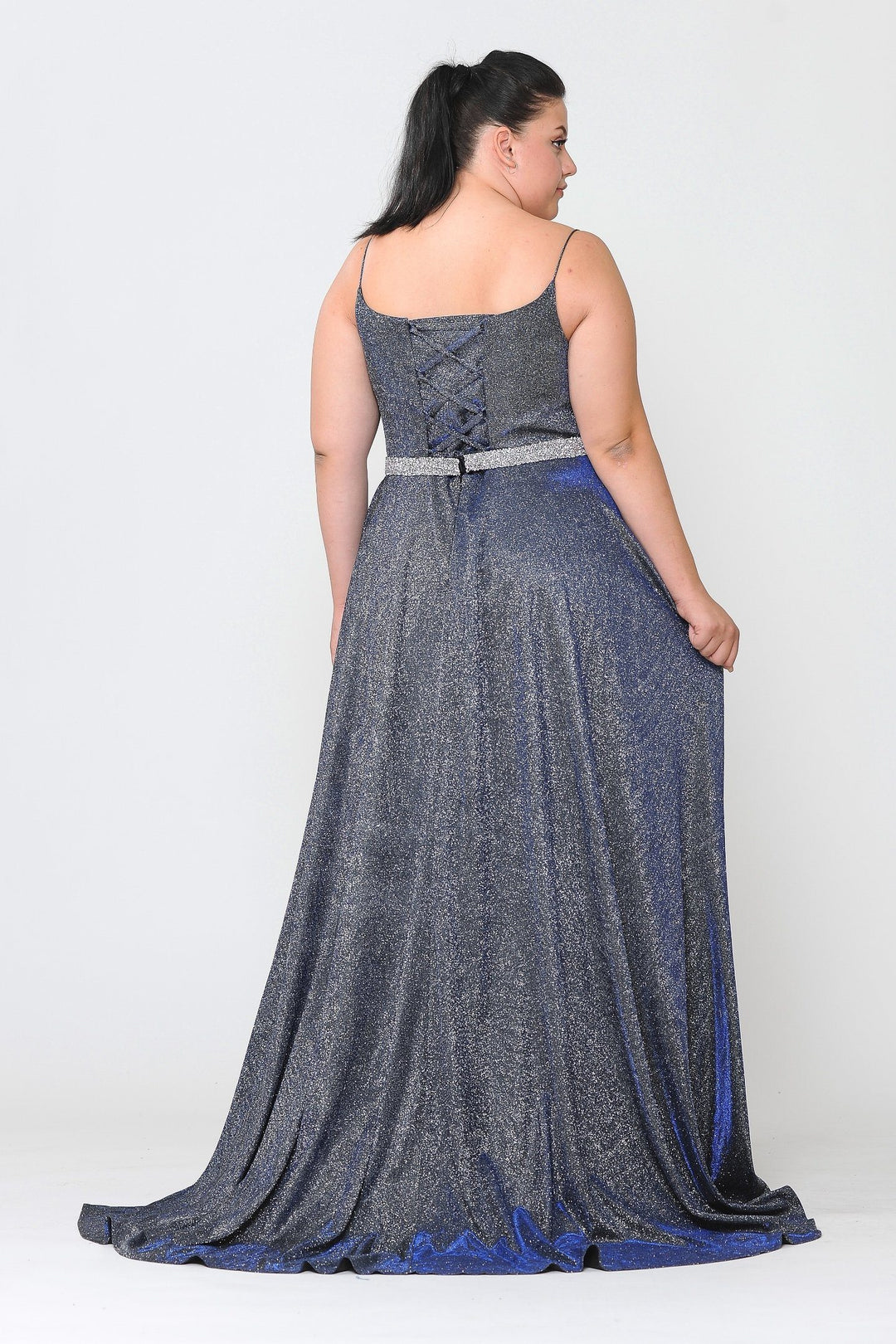 Plus Size Long Square Neck Glitter Dress by Poly USA W1038