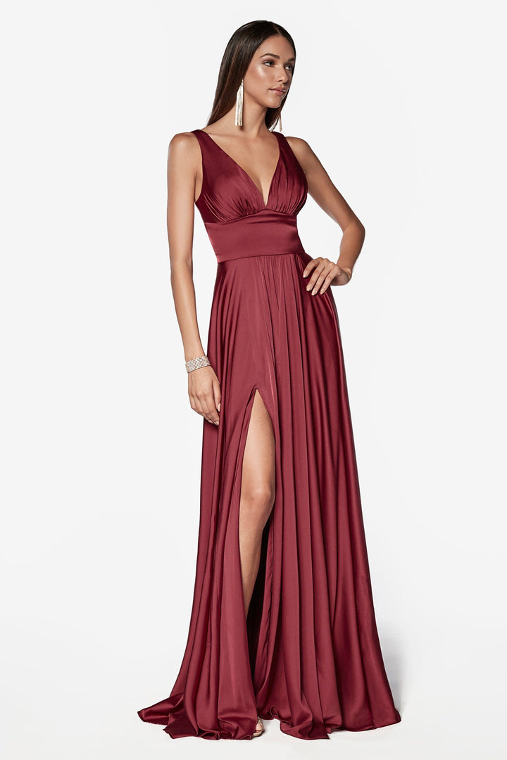 Plus Size Long Satin V-Neck Dress by Cinderella Divine 7469