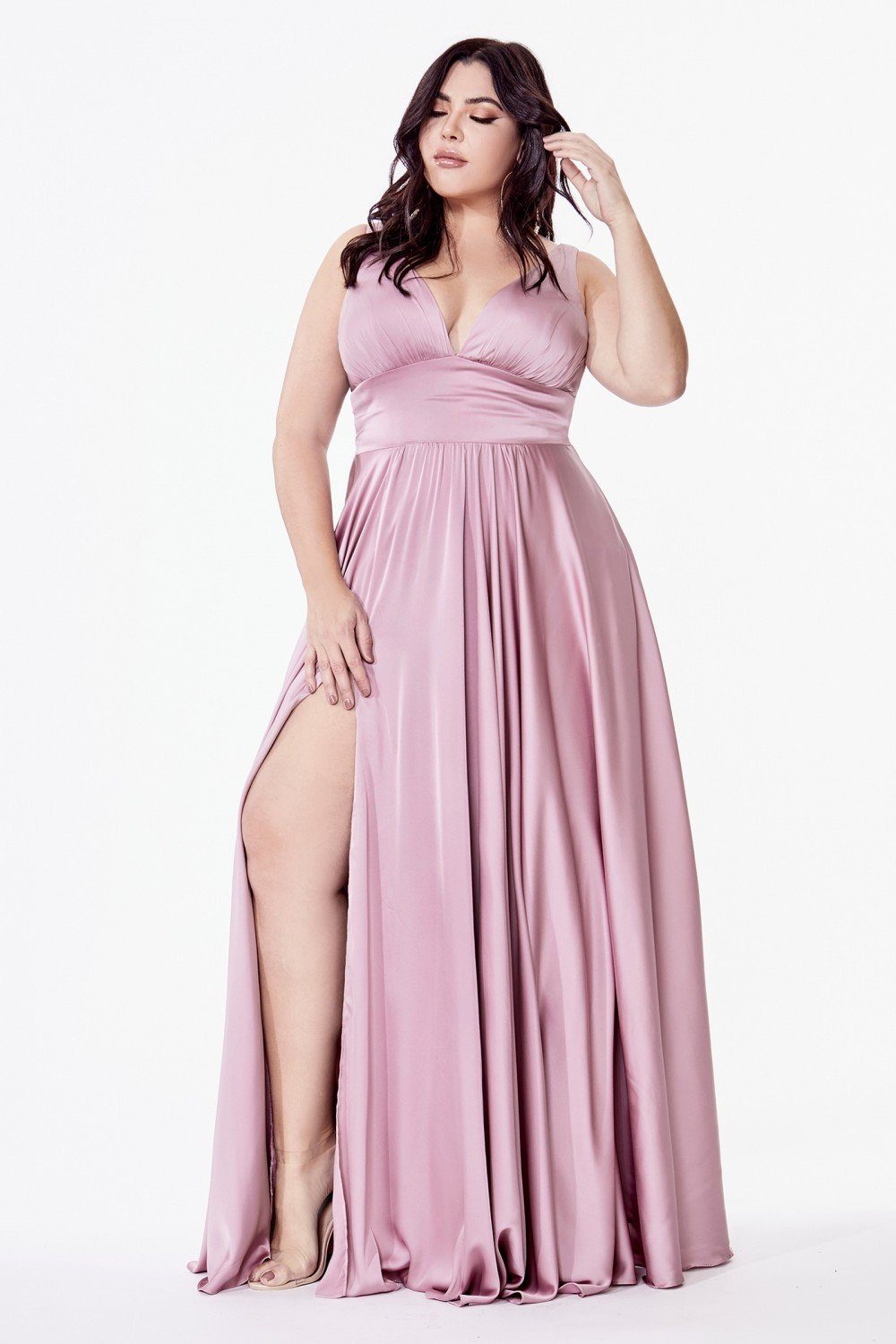 Plus Size Long Satin V-Neck Dress by Cinderella Divine 7469