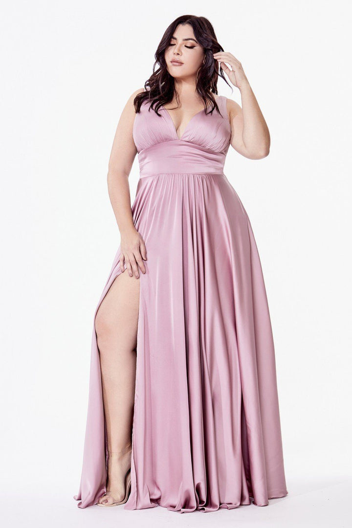 Plus Size Long Satin V-Neck Dress by Cinderella Divine 7469