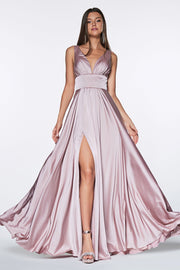 Plus Size Long Satin V-Neck Dress by Cinderella Divine 7469
