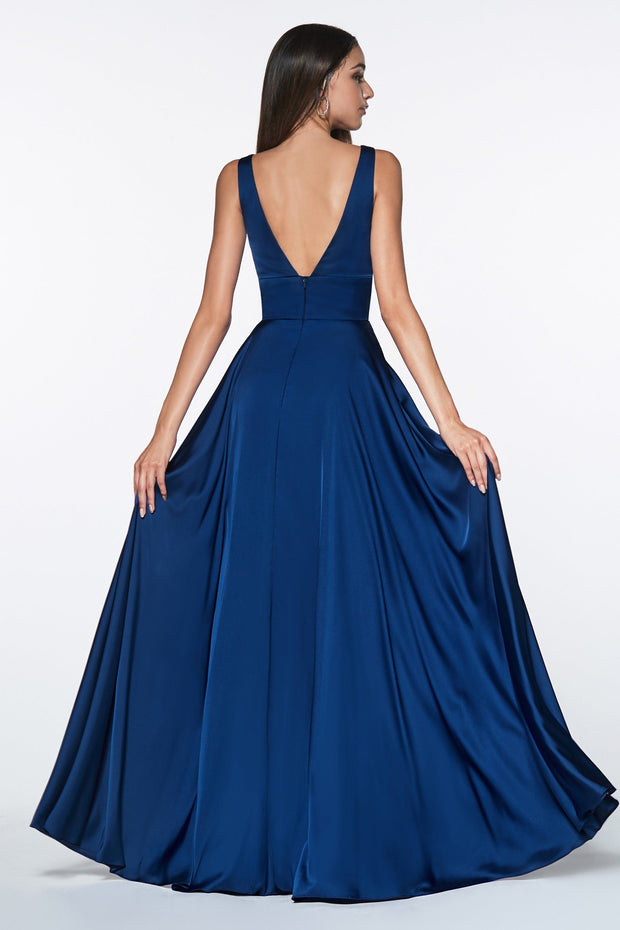 Long Satin V-Neck Dress with Leg Slit by Cinderella Divine 7469-Long Formal Dresses-ABC Fashion