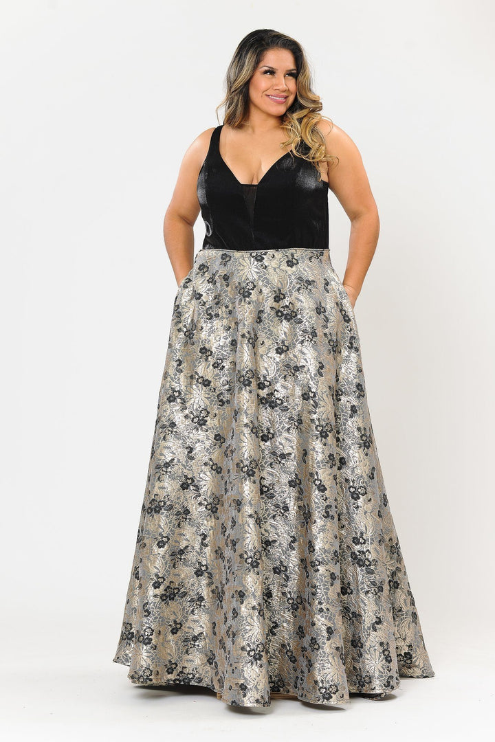 Plus Size Long V-Neck Dress with Print Skirt by Poly USA W1012