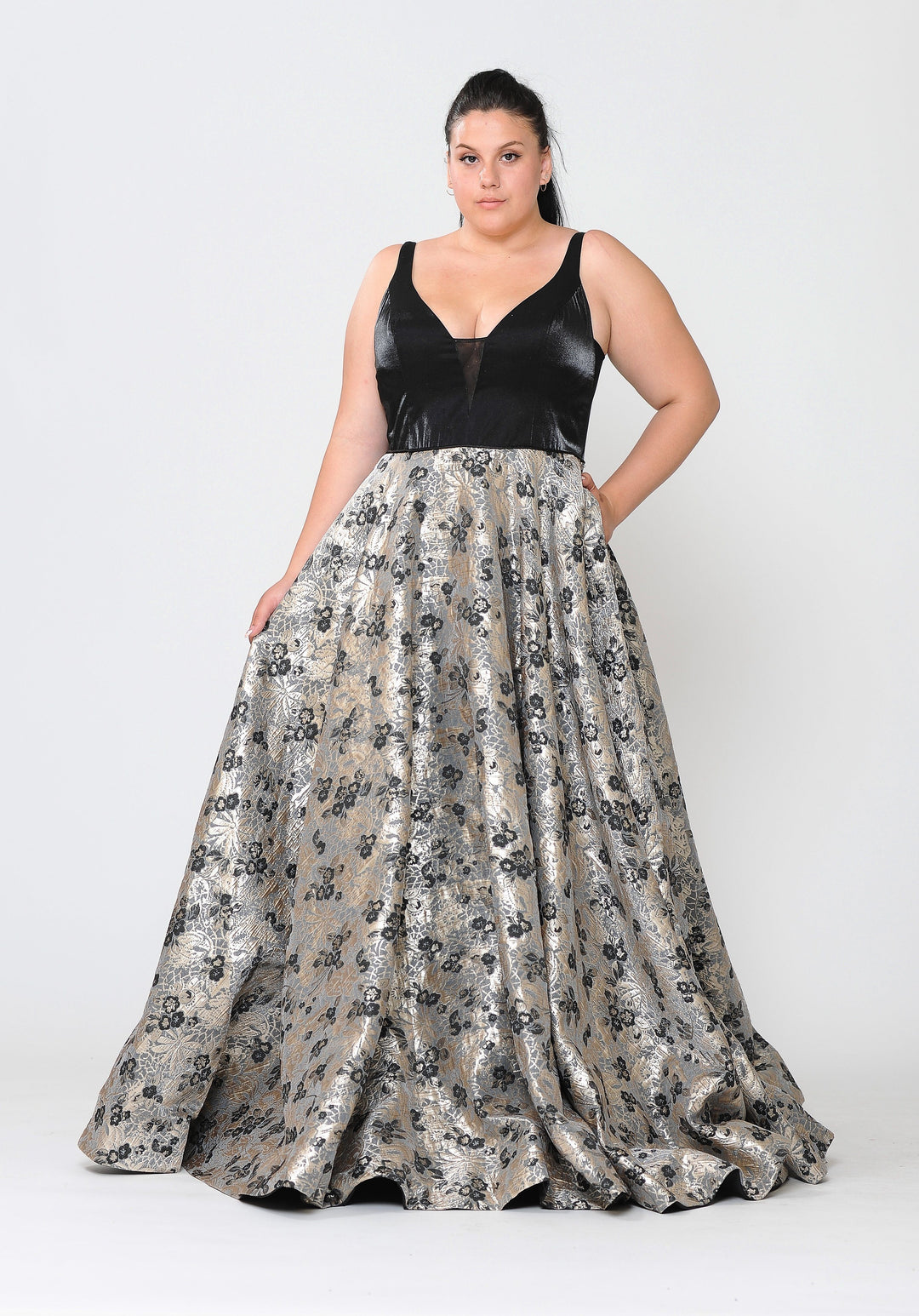 Plus Size Long V-Neck Dress with Print Skirt by Poly USA W1012