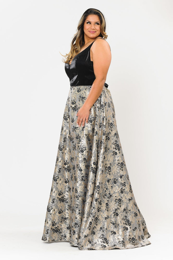 Plus Size Long V-Neck Dress with Print Skirt by Poly USA W1012