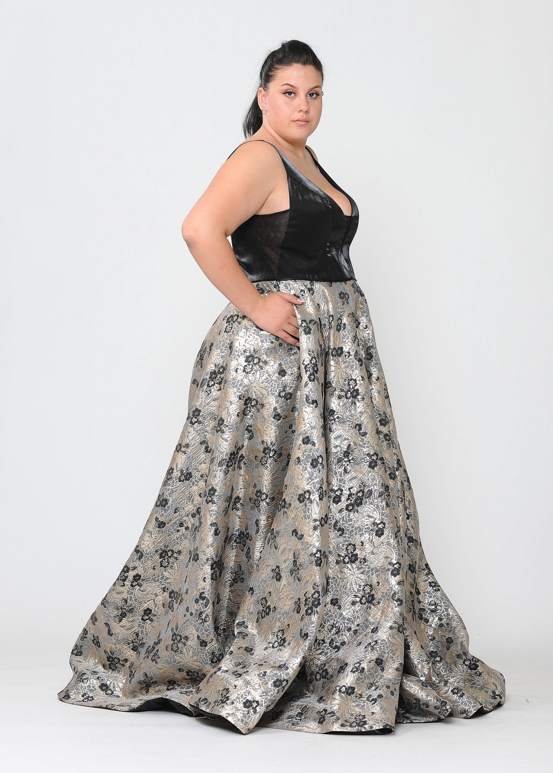 Plus Size Long V-Neck Dress with Print Skirt by Poly USA W1012