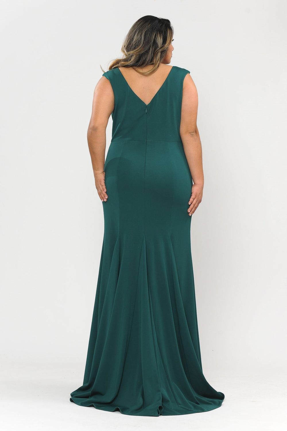 Plus Size Long V-Neck Jersey Fitted Dress by Poly USA W1022-Long Formal Dresses-ABC Fashion