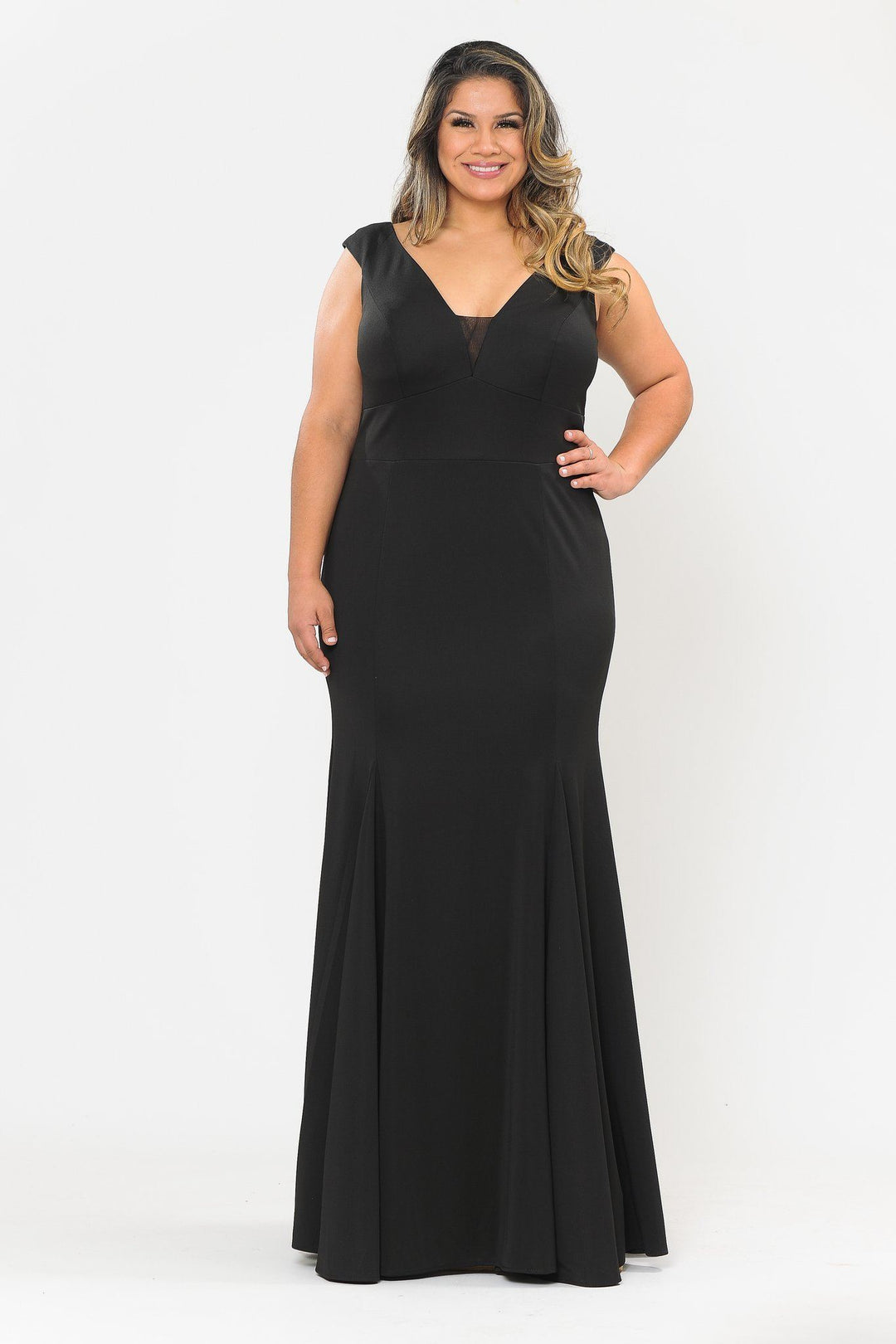 Plus Size Long V-Neck Jersey Fitted Dress by Poly USA W1022-Long Formal Dresses-ABC Fashion