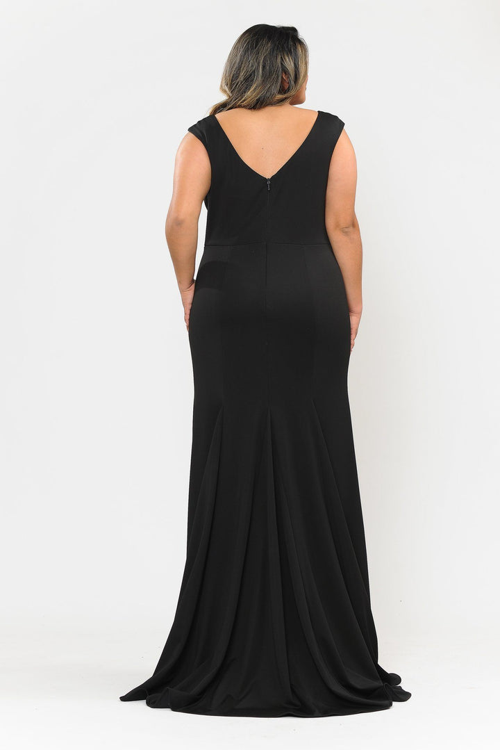 Plus Size Long V-Neck Jersey Fitted Dress by Poly USA W1022-Long Formal Dresses-ABC Fashion