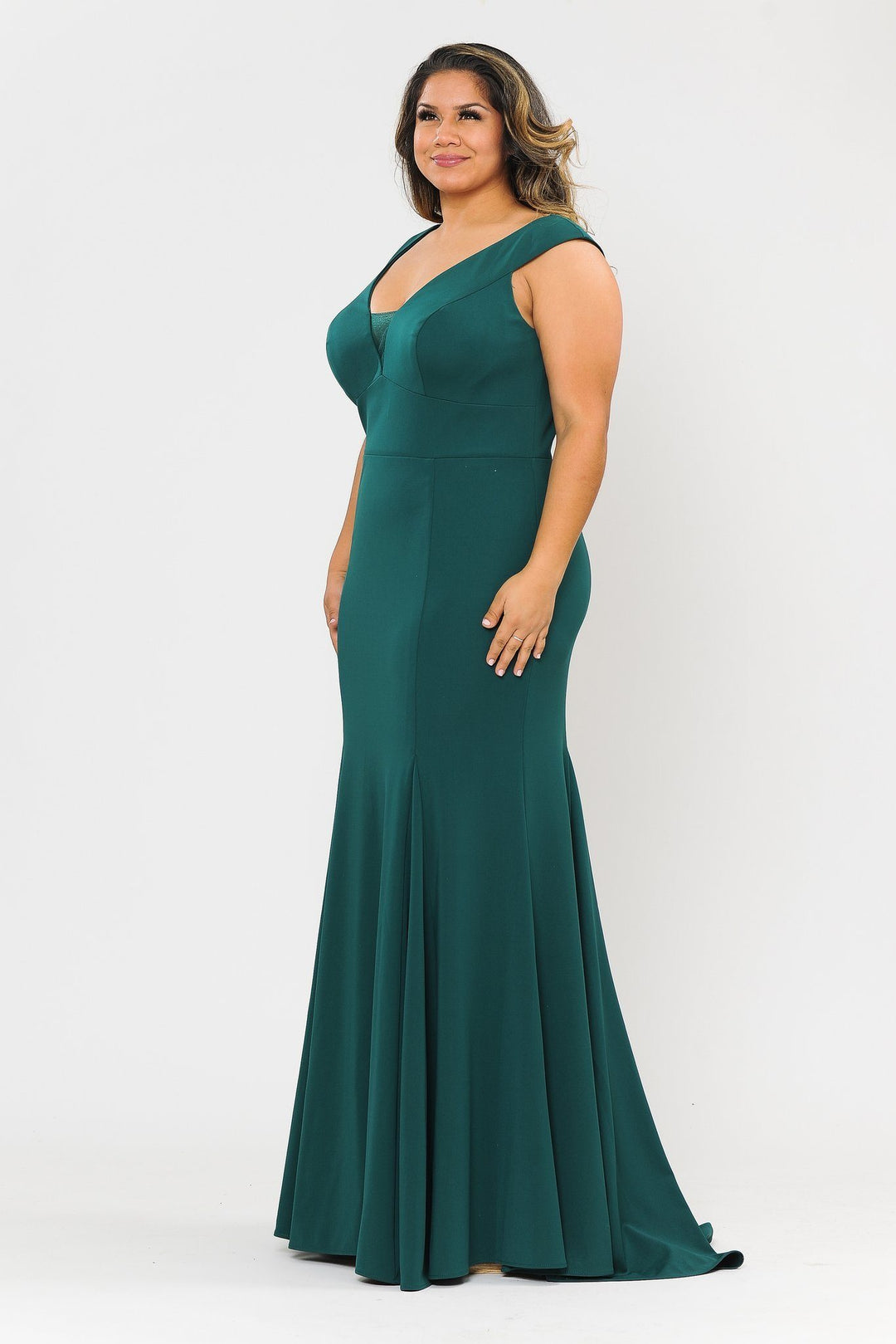 Plus Size Long V-Neck Jersey Fitted Dress by Poly USA W1022-Long Formal Dresses-ABC Fashion
