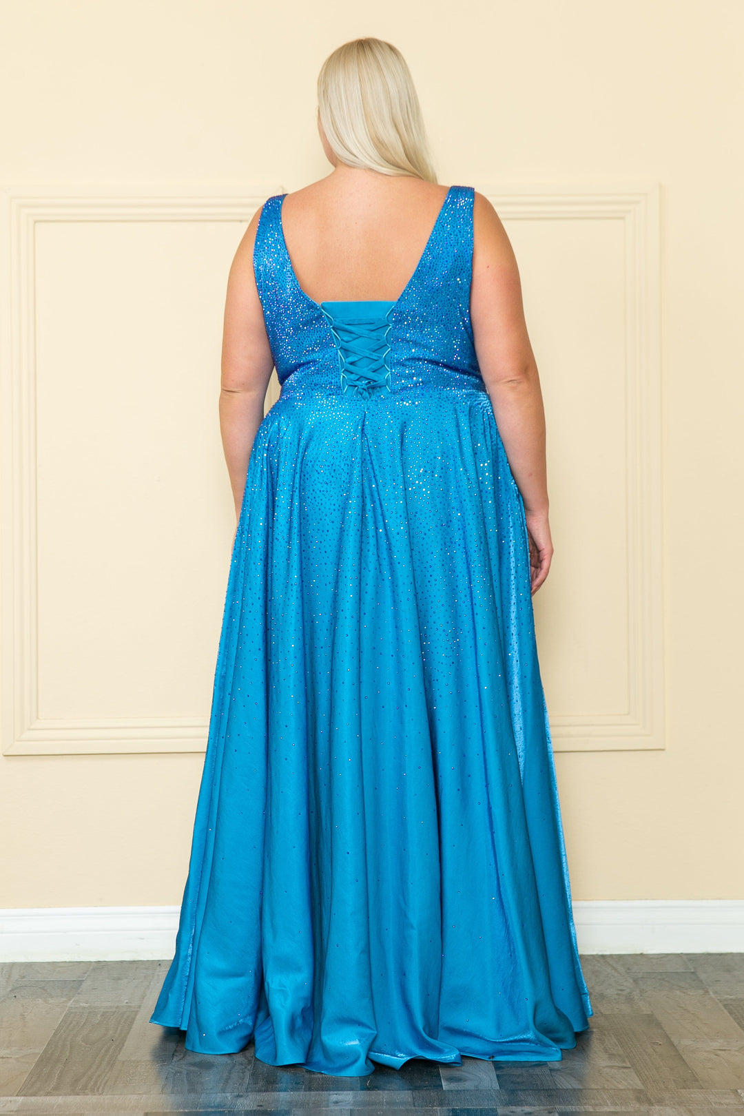 Plus Size Long V-Neck Rhinestone Dress by Poly USA W1110