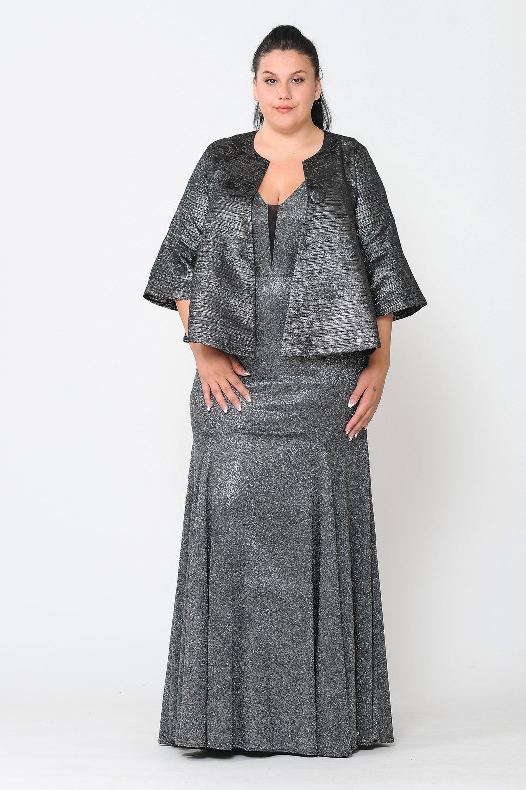 Plus Size Metallic Single Button Jacket by Poly USA JK1922-Long Formal Dresses-ABC Fashion