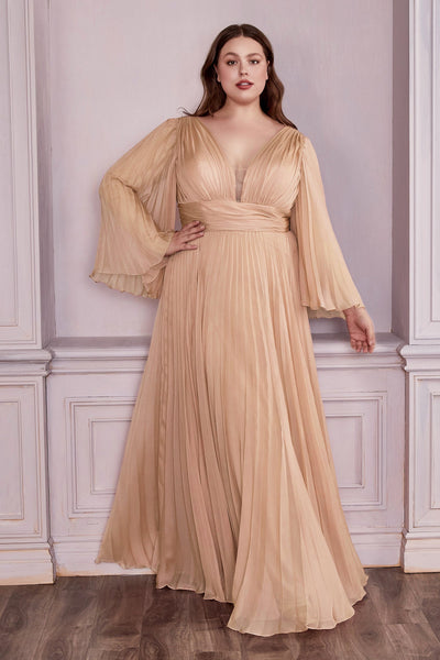 Plus Size Pleated Bell Sleeve Gown by Cinderella Divine CD242C