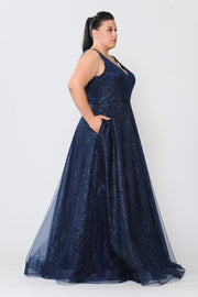 Plus Size V-Neck Glitter Gown by Poly USA W1024 - Outlet