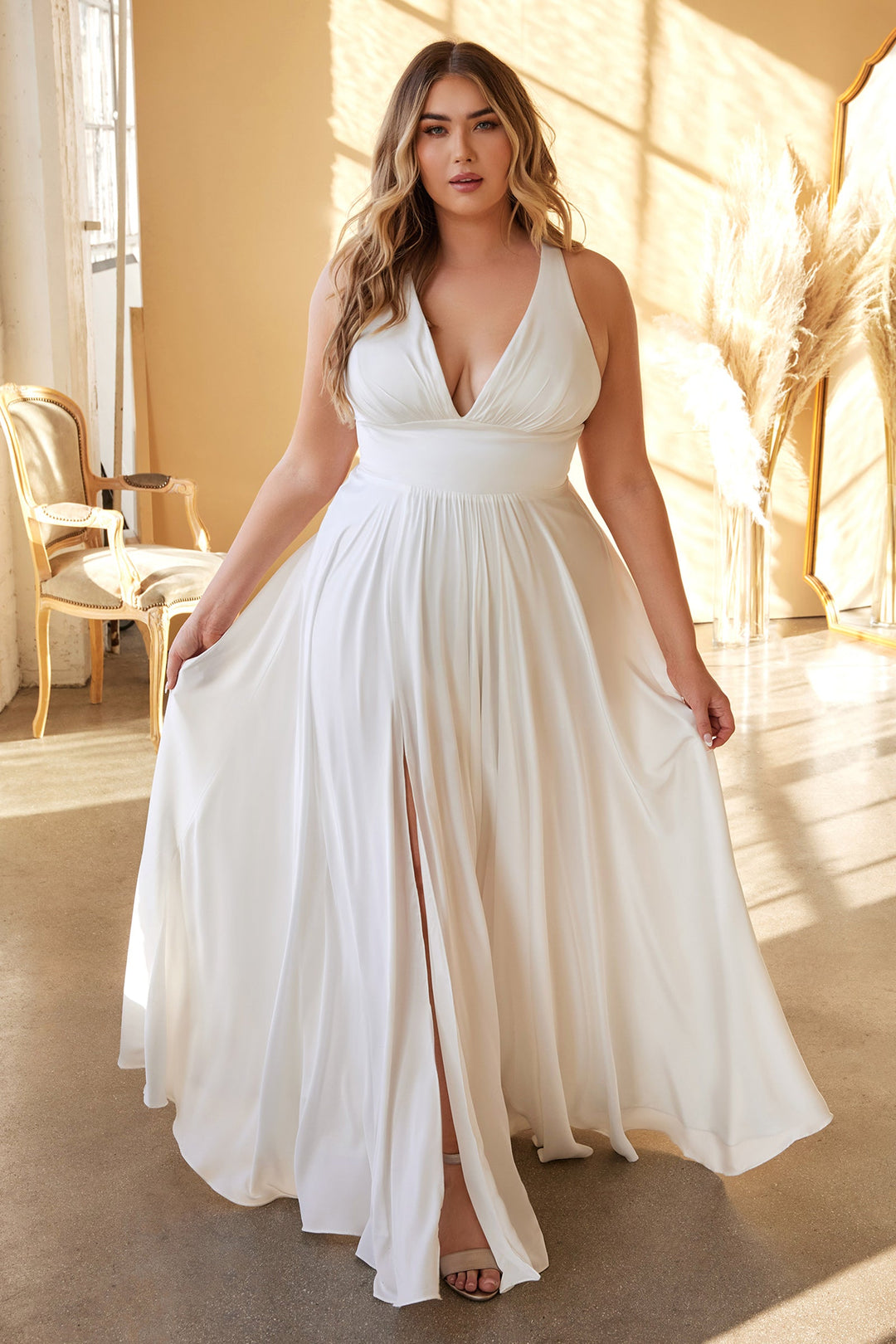 Plus Size White Satin V-Neck Gown by Cinderella Divine 7469WW