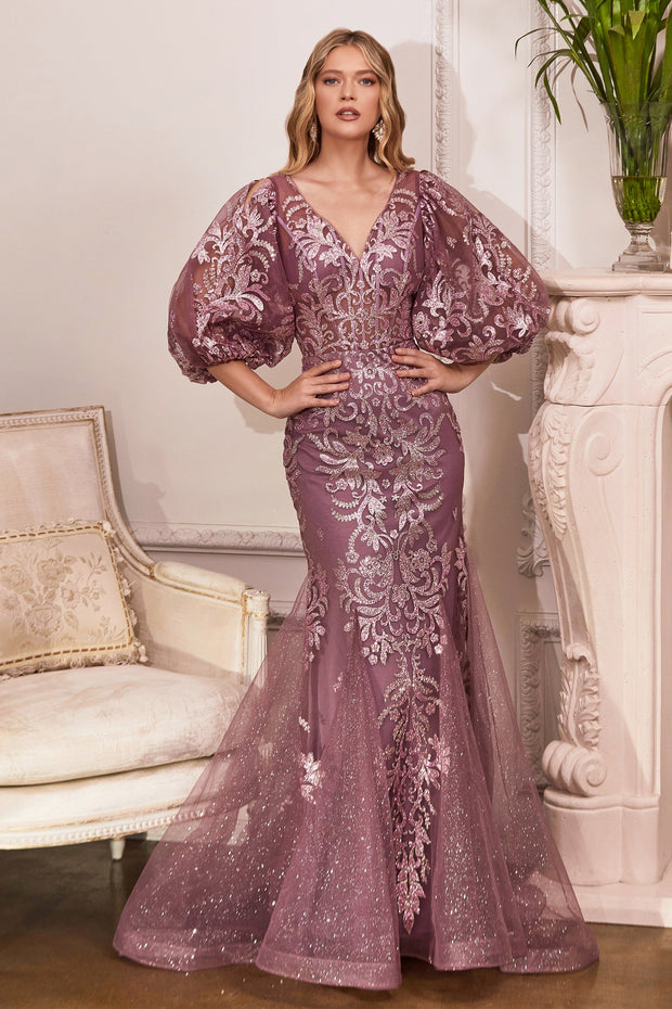 Puff Sleeve Glitter Gown by Cinderella Divine OC009
