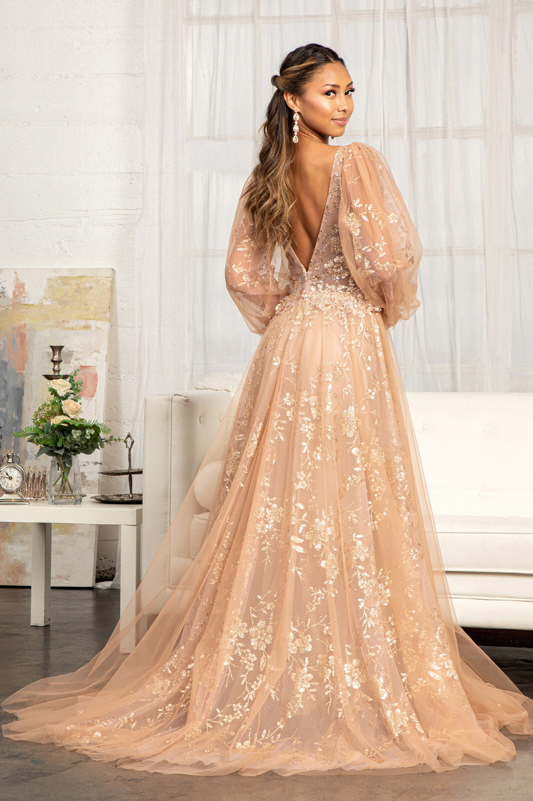 Puff Sleeve Glitter Print Gown by Elizabeth K GL3001