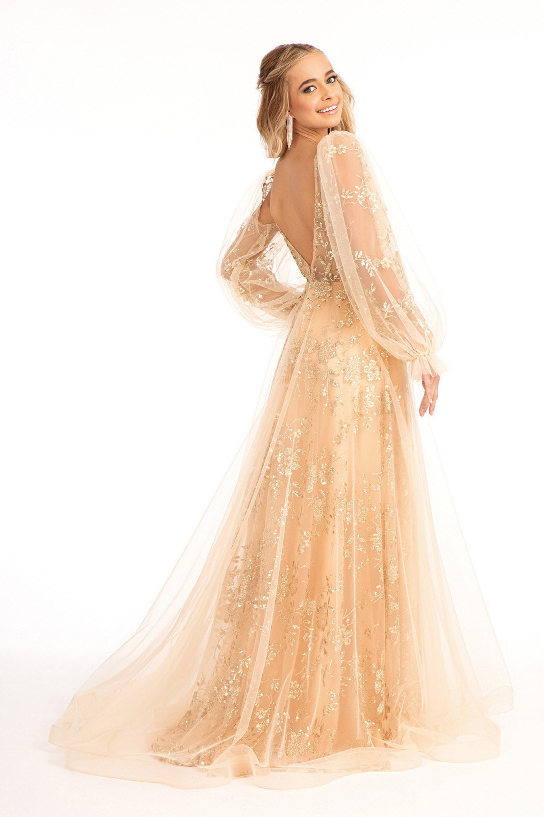 Puff Sleeve Glitter Print Gown by Elizabeth K GL3001