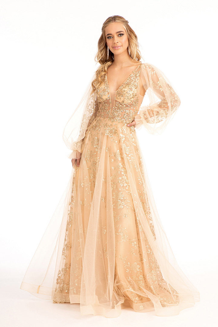 Puff Sleeve Glitter Print Gown by Elizabeth K GL3001