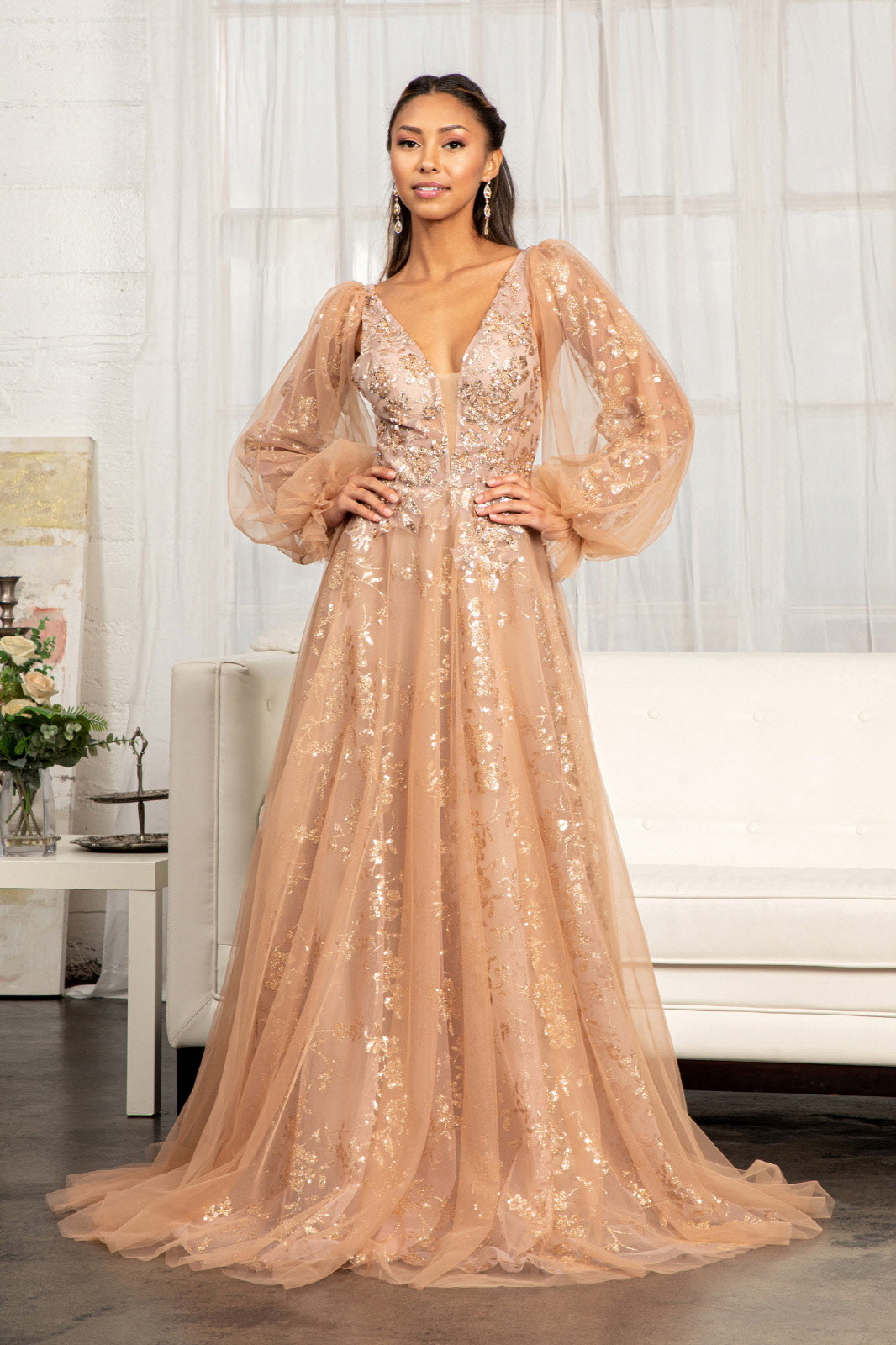 slim fit dress slacks Elizabeth K GL3001 Puff Sleeve Gown
