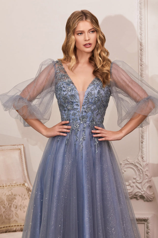 Puff Sleeve Glitter Tulle Gown by Cinderella Divine CD0182
