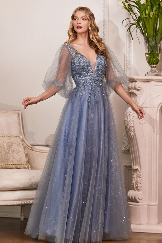Puff Sleeve Glitter Tulle Gown by Cinderella Divine CD0182