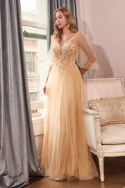 Puff Sleeve Glitter Tulle Gown by Cinderella Divine CD0182