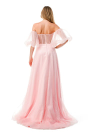 Puff Sleeve Sheer Corset Bustier Gown by Coya L2793B