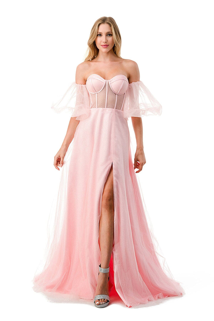 Puff Sleeve Sheer Corset Bustier Gown by Coya L2793B